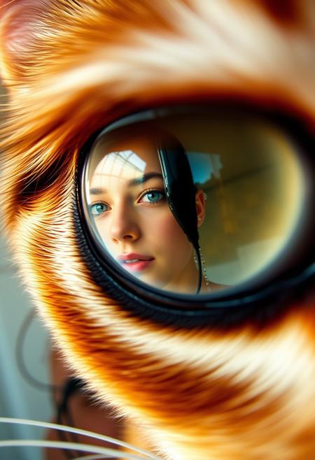 extreme close up portrait of a cat's eye reflecting a young beautiful woman washing her hair in a glass shower as the water pours down her tan skin,  the cat's eye has takes up 85% of the image