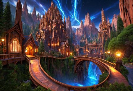 (masterpiece:1.5), unreal 8k wallpaper, unity 8k wallpaper, score 9, score 8 up, score 7 up, masterpiece_portrait, extreme quality, reflection, surface reflection, dynamic lighting, Cinematic style, cinematic quality, ((no humans, no people)), photorealistic, realistic, a spectrum of iridescent colors, precise, fractal design, flowing curves, precision, colorful, fractal geometry, harmonic interference, digital illustration, photo manipulation, altered realities, fantastical scenes, digital artistry, striking visuals, sharp focus, detailed background, light reflection, fairy tale fantasy of boundless opportunities, (an enormous fairy tale fantasy city is built into the mountain), with redwood trees and multicolored flowers, streets and houses, the architecture has no bounds, there are many of these fairy tale fantasy cities built into mountain blending with the boundless beauty of nature, fluid architecture, (giant Sequoia trees), starry sky, a brilliant beauty, photorealistic, realistic, (Warcraft inspired architecture), clouds, flowing water, luminescent stream, waterfall, luminescent waterfall, night sky, alien sky, (detailed intricate Bridges and pathways)