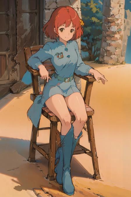 (masterpiece:1.4), (best qualit:1.4), (high resolution:1.4), 1girl, redhead, brown eyes, smile, Nausicaa, sit on a chair, no panties, high boot, colorful, full body,<lora:Nausicaa V0.5.1:0.8>, ghibli style