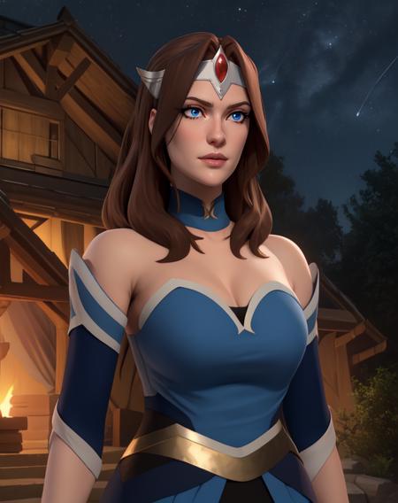 mirana,blue eyes,brown hair,bangs,
cleavage,blue top,skirt,blue detached sleeves,tiara with gem,
standing,upper body,
camp,night,
(insanely detailed, beautiful detailed face, masterpiece, best quality),<lora:mirana-10DB:0.8>,