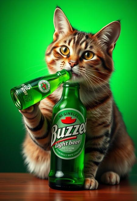cat drinking beer, A green beer bottle titled "Buzzed Lightbeer ™"  Detailed, high quality.