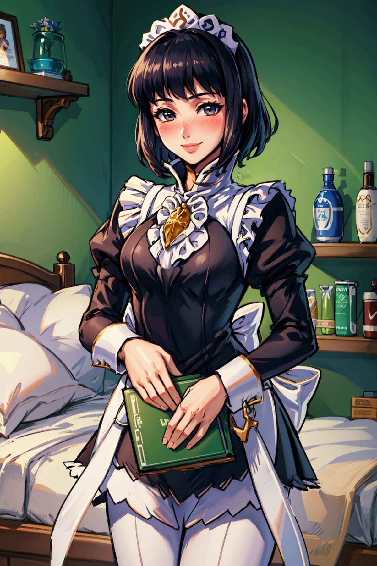 masterpiece, best quality, olwen, fates maid, bedroom, shelf, bed, standing, looking at viewer, blush, smile <lora:olwen-n...