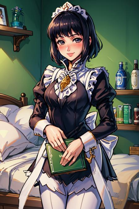 masterpiece, best quality, olwen, fates maid, bedroom, shelf, bed, standing, looking at viewer, blush, smile <lora:olwen-nvwls-v2-000012:0.8> <lora:FEFatesMaid_v1:1>