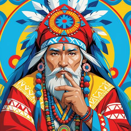 The thought provoking ideas of a Siberian shaman, 
intricate details, and a whimsical approach to photography to create a scene that radiates energy and creativity in a pop art aesthetic