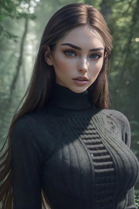 a photo of S097_DianaBabyna, a stunning woman, in a (foggy-forest:1.2), (early-morning), wearing a (turtleneck-sweater), (sunrise), (8k, RAW photo, best quality, depth of field, ultra high res:1.2), (absurdres, intricate, photorealistic, masterpiece, ultra-detailed, Unreal Engine:1.3)