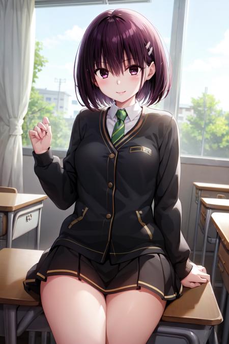 masterpiece, best quality, absurdres, perfect anatomy, 1girl, solo, Kanade Suzu, short hair, hairclip, school uniform, black skirt, black jacket, dress shirt, green necktie, classroom, smile, <lora:KanadeSuzu:1>