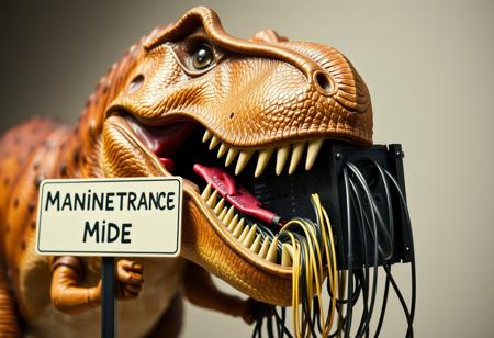A Tyrannosaurus Rex with a server in its jaws and a bunch of cables in its hands.
a closeup sign says "Maintenance Mode"