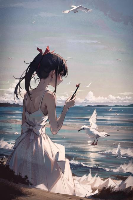 1girl, solo, dress, bird, seagull, ocean, black hair, long hair, outdoors, cloud, white dress, sketch, day, sky, ponytail, beach, water, looking away, ribbon, hair ribbon, looking to the side, sleeveless dress, sleeveless