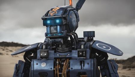 chappie mecha robot, highly realistic, scifi scene horror, dark and gloomy