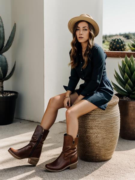 Realistic photo of a beautiful 3ll4c woman,1girl,solo,long hair,looking at viewer,blue eyes,blonde hair,hat,dress,sitting, short boots,black dress,lips,brown footwear,plant,head rest,realistic,potted plant,flower pot,cactus,soft lighting, professional Photography, Photorealistic, detailed, RAW, analog, sharp focus, 8k, HD, high quality, masterpiece<lora:3ll4c:1.0>