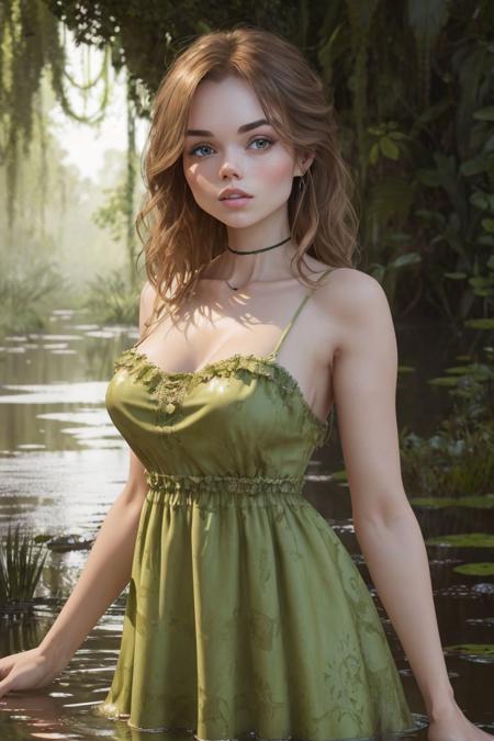 a photo of a gorgeous S028_KeiraBlue, in a (swamp:1.2), wearing a (beautiful_dress:1.4), (8k, RAW photo, best quality, ultra high res, photorealistic, masterpiece, ultra-detailed, Unreal Engine)