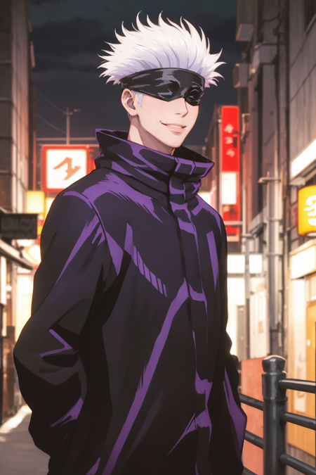 masterpiece, best quality, 1boy, gojou satoru, white hair, short hair, blindfold, smile, black jacket, high collar, upper body, solo, looking at viewer, outdoors, night,  night light, tokyo street background <lora:Gojo:1>