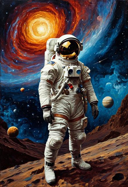 masterpiece, Pyle Painting, golden ratio, beautiful and aesthetic, best quality, A dramatic oil painting portrait of a 19th-century-inspired astronaut, blending Howard Pyle's bold brushwork and rich chiaroscuro. The astronaut wears a ornate, brass-and-leather spacesuit with intricate engravings, standing against a cosmic backdrop of swirling nebulae and distant planets. Sci-fi elements like glowing energy orbs and antique telescopic devices float nearby. Moody lighting, deep colors, textured impasto strokes, and a sense of vintage exploration. Masterpiece, highly detailed, cinematic composition