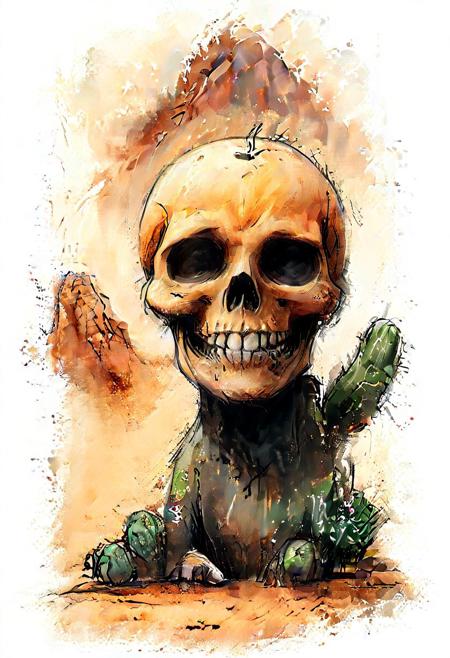 impactful color paint of cute drawing of a skull in desert, snake, cactus, highly detailed,  8k,   sharp,  professional, clear,   high contrast, crystal clear