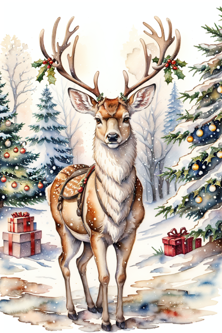 RagingReindeerSplash, solo, looking at viewer, sitting, full body, black eyes, tree, no humans, animal, grass, snow, snowing, antlers, animal focus, deer,<lora:RagingReindeerSplash:0.8> EarthXmasSplsh