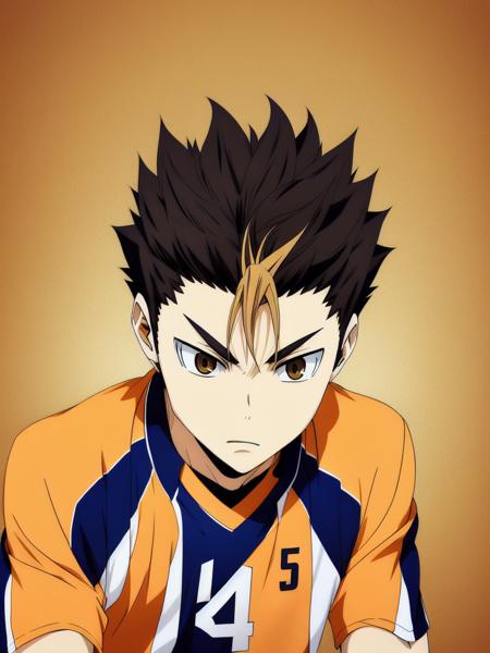 <lora:YuuNishinoya:0.6> Yuu Nishinoya masterpiece, best quality, ultra-detailed, illustration, 1boy, haikyuu!! nishinoya_yuu highres 1boy ball black_hair (blonde_hair )brown_eyes clothes_writing feathers footprints karasuno_volleyball_uniform male_focus (multicolored_hair) orange_shirt parted_lips playing_sports shirt short_hair simple_background solo sportswear ((streaked_hair))  volleyball volleyball_uniform white_background