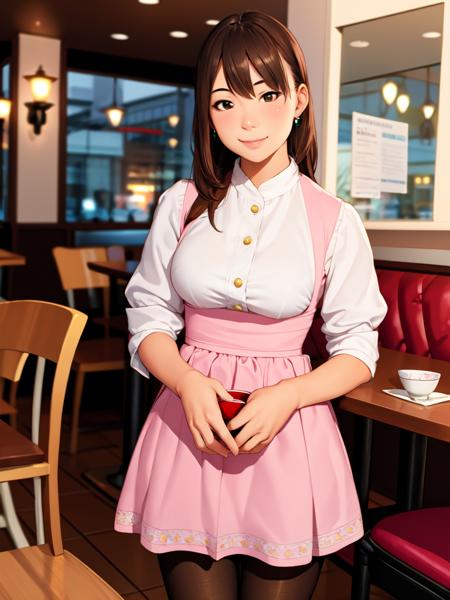 masterpiece, best quality, ultra-detailed, illustration,
AMSC, identity censor, solo, waitress, 1girl, censored, brown hair, realistic, restaurant, photo background, smile, table, indoors, own hands together, jewelry, pink skirt, skirt, pantyhose, chair, 
<lora:AMSC:0.6>