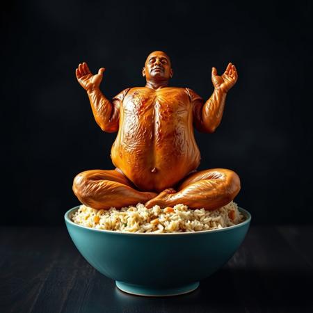 A roasted chicken in a yoga pose, sitting atop a bowl of fried rice. The chicken is perfectly browned and detailed, its posture serene and balanced.  The bowl is teal, and the rice is fluffy and textured, with visible vegetables. The background is a dark, moody setting, with a subtle light source highlighting the chicken. The overall style is photorealistic, with a focus on texture and detail