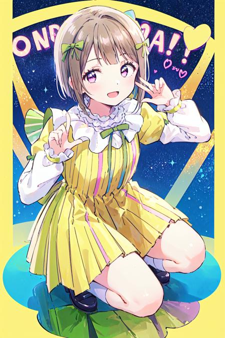 (best quality, masterpiece:1.2), 1girl, solo, (full body:1.2), smile, looking at viewer, squatting, open mouth,
<lora:A_MUBE_Dress:0.8>, nakasu kasumi, mube dress, green bow, vertical stripes yellow dress, huge bow, puffy sleeves, cute, 
mirror, heart_sign, star \(symbol\),
 <lora:A_Nakasu Kasumi Anime New:0.5>