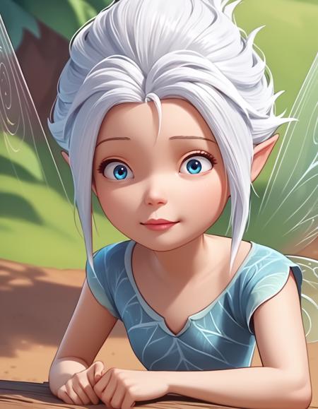 Tinkerbell, fairy, pointy ears, blonde hair, blue eyes,  Periwinkle, fairy, pointy ears, white hair, blue eyes, blue dress, short hair,  Vidia, fairy, pointy ears, black hair, green eyes, ponytail, pink dress,  Silvermist, fairy, pointy ears, black hair, brown eyes, very long hair, green dress Fawn, fairy, pointy ears, ponytail, long hair, brown hair, brown eyes, brown dress, braid, hairband,  Iridessa, fairy, pointy ears, very short hair, black hair, brown eyes, yellow dress,  Rosetta, fairy, pointy ears, brown hair, green eyes, long hair, red dress, 