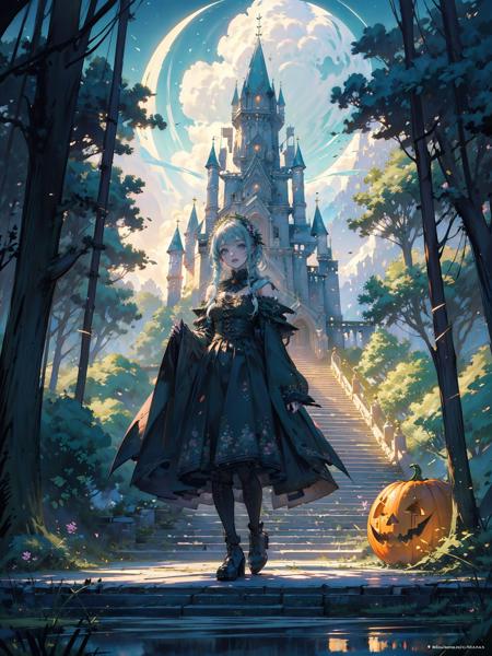 (extremely detailed CG unity 8k wallpaper),(masterpiece),(best quality),(ultra-detailed),(best illustration),1girl,candy,hallowmas,night,pumpkin lamp,witch,The detailed castle,mist encircles the mountains,fairyland,nature,flowers,<lora:~QI-000017:0.5>,