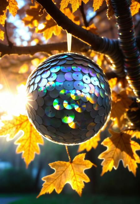 macro photo, hive sphere (made of cd's:1.1) hanging on a tree, leaves, falling leaves, faint glow, reflective surface, outside