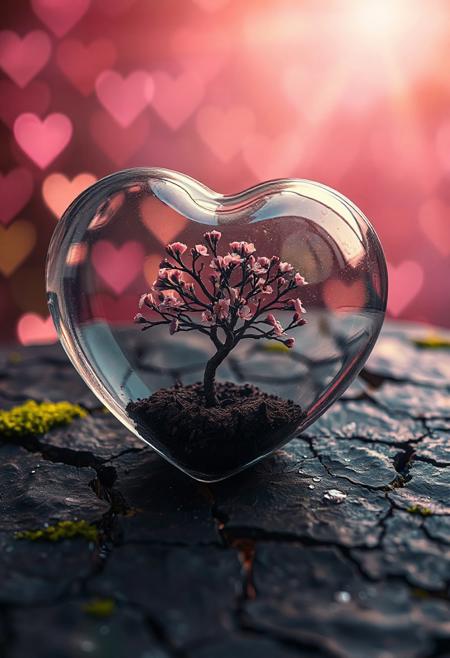A heart-shaped glass object rests on a rough, cracked surface. Inside the glass heart is a small, dark tree with tiny pink cherry blossom-like flowers. The background is blurred with a warm, soft pink glow and heart-shaped bokeh lights. The surface the glass heart rests on is dark and weathered, with small patches of green moss and water droplets. The bokeh lights vary in size and brightness. The lighting is warm and diffused, with a bright spot at the top creating a hazy effect
--aspect 3:2 --portrait --seed 3 --upscale off