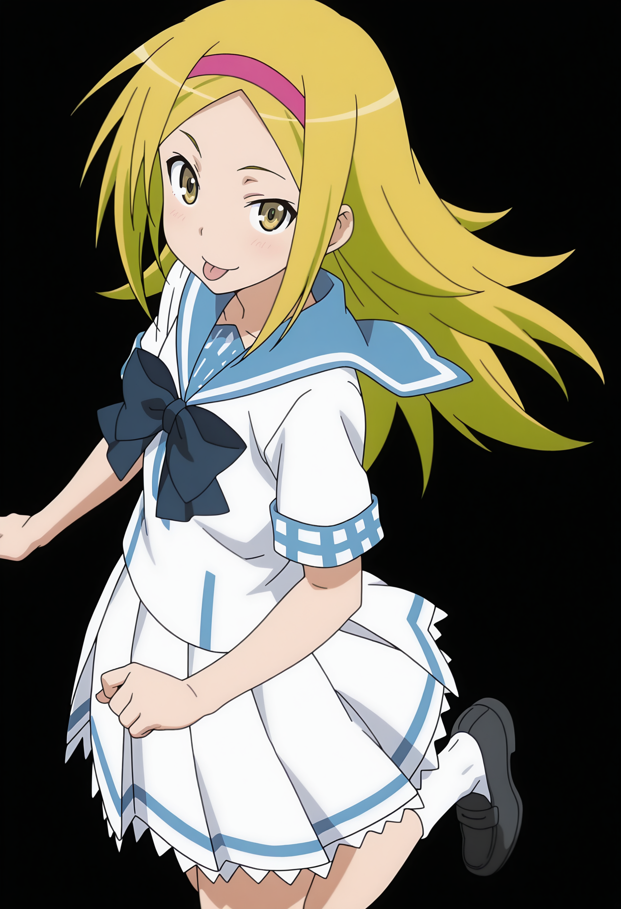 A high-angle shot of a young woman with brown eyes, long blonde hair, and a playful expression with her tongue sticking out in a dynamic pose looking up toward the viewer. She is wearing a white and blue summer sailor-style school uniform with a large dark blue bow at the neck, a pink headband in her hair, and black loafers. 