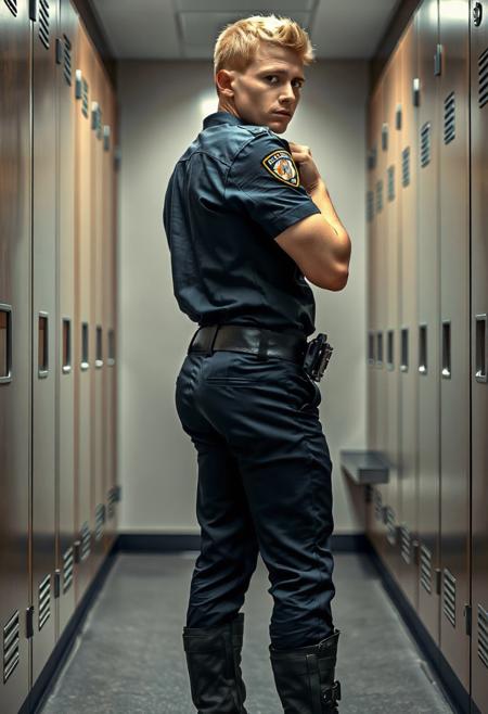 Ultra-realistic bright full-body side photo of a blond 20-year-old Caucasian male police officer inside a police station locker room. His lean, slim physique with his tucked in police shirt, a narrow waist, and muscular glutes. He is adjusting his regulation black police duty belt, which is fastened around his dark navy police uniform pants. The belt emphasizes his big buttocks. He wears polished black tactical boots. The expression on his clean-shaven face is focused and serious