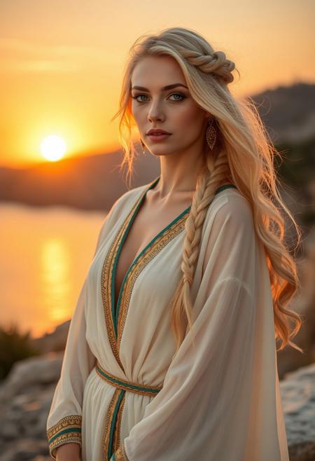 Full body fashion photoshoot Art deco 1920s , a beautiful woman with alabaster skin flowing blonde hair in greek braided style   Gossamer glowing robes with gold and teal trim. In front of a Mediterranean sunset. Fashion shoot.  85mm Zeiss