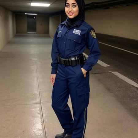 18 year Arab female security guard patrolling an parking garage at night. Pleasant smile. Brown eyes. Blue hijab. Carrying a flashlight. White uniform dress shirt with navy blue tie. Full body shot. Wearing long, navy blue cargo pants. Open blue security uniform jacket. Hair in a ponytail. Size B small breasts. (muslim)
