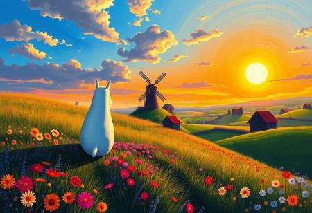 score_9, score_8_up, vivid colors, vibrant colors,  Expressive, vivid colors,  Moomin:3, Moomintrollen:3,  far away, wallpaper, beautiful landscape, masterpiece, sun, 
looking in the distance:3, backview, looking at landscape, windmill, traditional art
