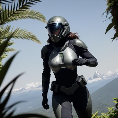 Highly detailed cinematic film still, Hip level shot, of (fit female soldier, wearing high-tech black Exo suit, helmet), running through the jungle, (lush vegetation), (mountains:1.1), (god rays:0.4), dense alien jungle, toned body, (highly detailed, hyperdetailed, intricate), (lens flare:0.4), (bloom:0.5), particle effects, cinematic lighting, (soft lighting:0.6), prominent projected shadows, deep depth of field, (film grain:0.5), photographed on a Leica SL (Typ 601) Mirrorless Digital Camera, 50mm wide angle lens, F2.8 aperture, deep focus, (RAW), cinematic film still from Gravity 2013