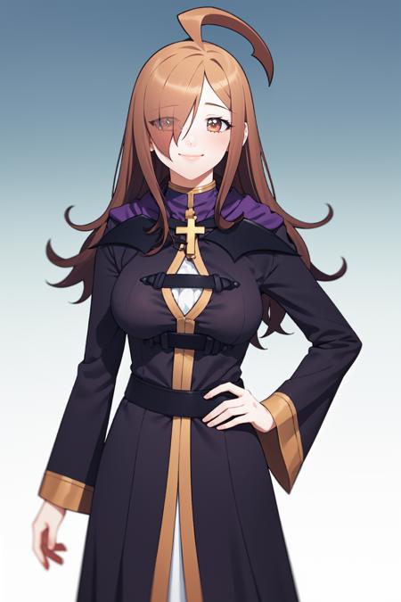 1girl, solo, wizrnd,
brown hair, long hair, ahoge, hair over one eye,
brown eyes, looking at viewer,
smile,
nude,
dress, purple dress, long dress, cross, long sleeves,
white background, simple background,
 <lora:YanWan:1> <lora:Wiz - Konosuba v1:1>