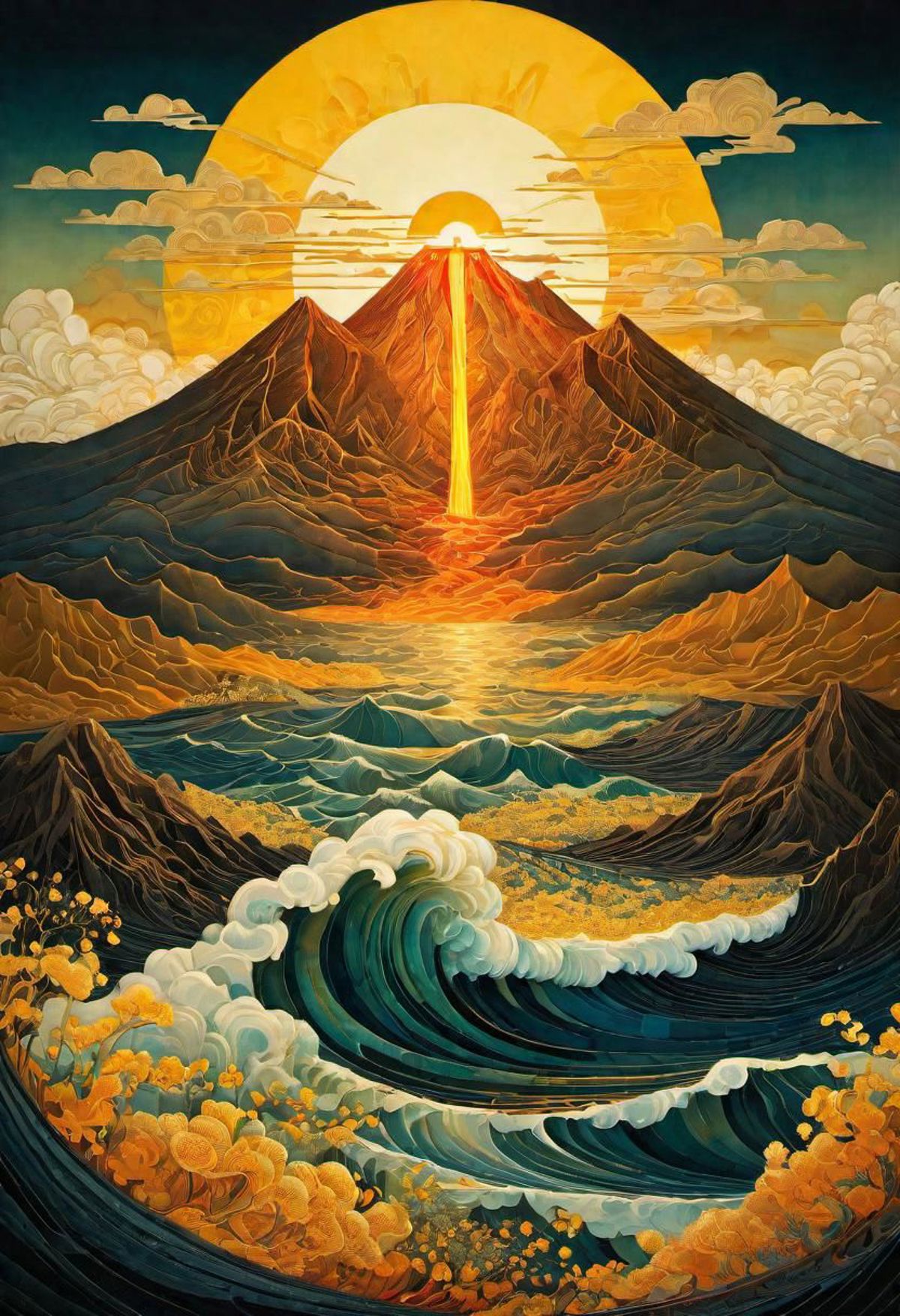 A painting of a volcano and ocean with a sun in the background.