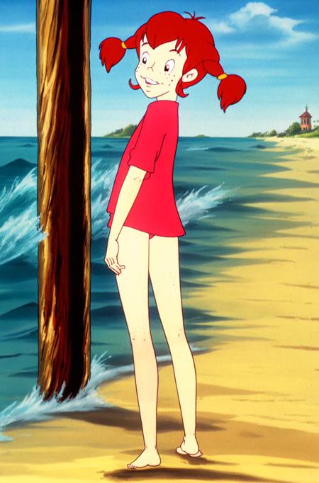 Solo,full body,1girl,pippI,human,stand,red hair,twintails,freckles,swimsuit,ocean,barefoot,<lora:Pippi Longstocking-000002:0.9>,