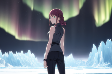 menoabellucci, 1girl, solo, looking at viewer, shirt, closed mouth, standing, purple hair, sleeveless, looking back, pants, sleeveless shirt, watch, wristwatch, braided ponytail, arctic, glacier, night, aurora borealis 