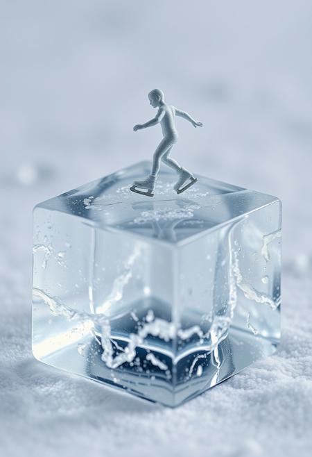 "Create a hyper-realistic image of an ice cube transformed into a miniature ice rink, with a smooth, frozen surface and delicate ice crystals. A miniature ice skater, intricately detailed and proportioned, glides across the top of the ice cube, their blades leaving tiny trails in the frosty surface. The ice cube's edges and facets are rendered in exquisite detail, with every imperfection and texture visible. The ice skater's movements are frozen in time, with their arms and legs in perfect balance. The overall effect is one of precise, miniature wonder." Highest-Quality, 8 k, intricate details, visually stunning, Masterpiece