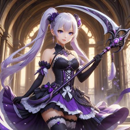 an anime image of a Cute girl wearing a black and purple dress, white twintail hair, wielding a purple scythe, castleroom in background, HD, masterpiece, best quality, hyper detailed, ultra detailed,