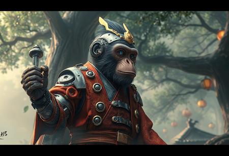 Create a highly detailed, 4K UHD digital art environment concept inspired by the works of Simon Stalenhag and rendered in the style of Beeple, Makoto Shinkai, and Syd Meade. The centerpiece is a magic robot-monkey character, influenced by Yi Yuanji and Alex Petruk (APe), dressed in a kimono robe with detailed toggles reminiscent of traditional Japanese attire. The color scheme should primarily feature red, white, and gold, with subtle gradients inspired by Su Fu and KunGe Yandere. The character's design should blend intricate metal and wood elements, evoking the aesthetic of Planet of the Apes. The surrounding environment should be a dreamscape, blending elements of nature and technology. Use an octane render with a 3-point perspective, aiming for a trending, low-level look on platforms like ArtStation. Include multiple references to guide the design process.