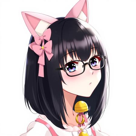 Black hair,  short woman, fringe hairstyle, bob hairstyle, anime, black glasses, pink bow, cat ears, yellow bell necklace with pink ribbon,  white dress, pink dress, short skirt, flared skirt