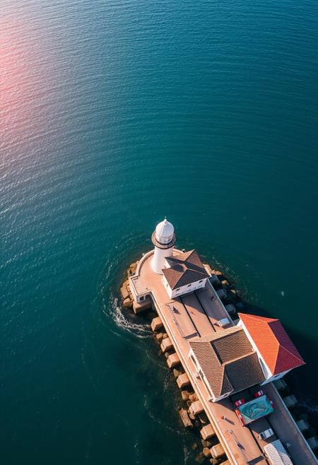 outdoors, water, no humans, ocean, from above, traditional media, building, watercraft, boat, lighthouse