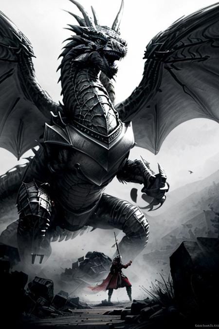 Pencil sketch, intricately detailed, rich shadows, highest resolution, highest quality, 8k UHD, 
best perfect realistic HD ultra HD 4k clear and detailed image, battle knights with a large and fearful fire dragon, nearby castle, weapons swords, crossbows, bows, detailed visualizations of knights, dragon and landscape, detailed depiction of their faces and weapons and armor, and o ...