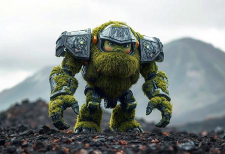 epic details full body This captivating image features a meticulously detailed, green and black Ironhammer the Giant standing on a Dormant Volcano surface, exuding curiosity with its slightly tilted head and alert, extended limbs. The Ironhammer the Giant , covered in moss and equipped with a high-tech visor, stands out against the Dormant Volcano backdrop, creating a harmonious contrast of nature and technology. The picture, devoid of text, highlights the stunning intricacies of the handcrafted detail, with its lifelike facial features, vibrant color palette, and sharp details. Rendered with exceptional quality, the image showcases vivid emotions, dynamic action, and a well-timed moment, adhering to principles of the Golden Ratio, and drawing the viewer into its captivating allure.