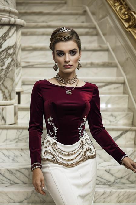 a photograph of beautiful (M36D0n:1.1) woman,as a socialite attending the Metropolitan Art gala,wearing a long (elegant sangria red ball gown:1.2),wearing diamond necklace and earrings,long hair in chignon,(standing on a curved marble staircase:1.3),in the atrium of an (elegant hotel:1.2),red lipstick,makeup and eyeshadow,(face focus),sharp focus,detailed eyes,(highly detailed),(8k wallpaper),intricately detailed,highres,absurdres,hyper realistic,8K UHD DSLR,Fujifilm XT3,taken with (Canon EOS 1Ds camera),extremely intricate,dramatic,(looking at viewer),face focus,elegant,hyperdetailed,PA7_Portrait-MS,<lora:M36D0n_04A-000002:1.0>,