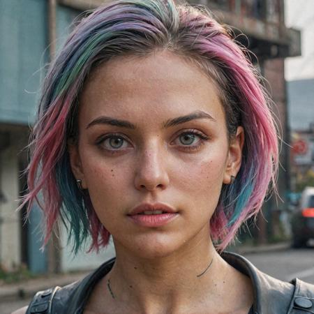 epic realistic, DV_Karah_Vicious, cyberpunk lanscape, ultra realistic, cinematic lighting, ultra detailed, detailed gorgeous face, beautiful girl, olive skin, medium length rainbow hair, simetric face, good anatomy, deusamelada, (Masterpiece:1. 3), (best quality:1. 3), <lora:add_detail:0. 4> <lora:epi_noiseoffset2:0. 4> <lora:hairdetailer:0. 6> <lora:more_details:0. 3> <lora:add-detail-xl:1. 2> <lora:DetailedEyes_V3:1. 2> <lora:sd_xl_offset_example-lora_1. 0:1. 2>, (natural skin texture, hyperrealism, soft light, muted colors), background, rutkowski, rim light