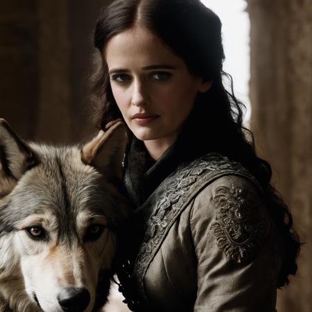 eva_green, <lora:EvaGreenXL:1>, woman sitting next to a grey wolf, spot color, long hair, looking at viewer, animal, solo, upper body, realistic,  parted lips, lipscinematic film still, shallow depth of field, vignette, moody, epic, realistic, ((perfect eyes, detailed eyes,realistic eyes)), ((sharp face, detailed face, realistic face, naturtal skin, realistic skin, detailed skin, pores))