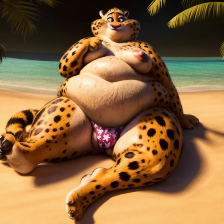obese, male, cheetah, police uniform, police hat, yellow fur skin covered in black spots, tail
