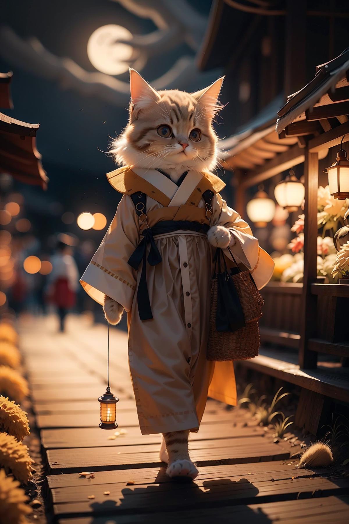A cat wearing a kimono and holding an umbrella.