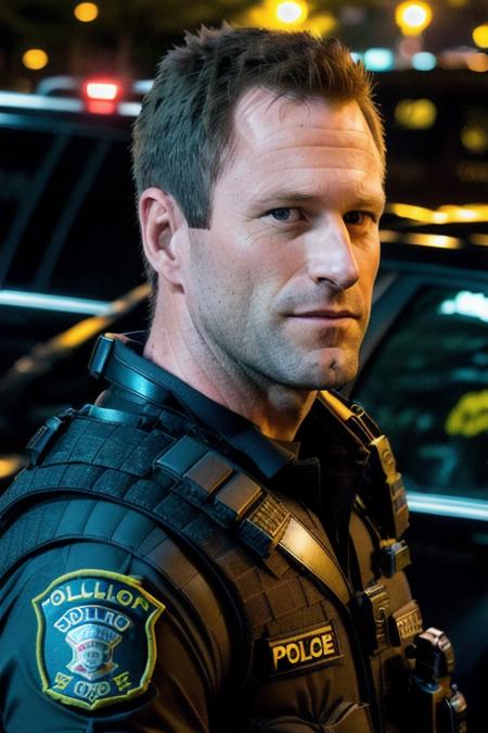 a handsome young man in a police uniform, midnight in the city, cop car in background, bullet proof vest, (close up), (looking at camera) a crooked cop, (candid, amateur), (raw, 8k, uhd, fujifilm xt3),  <lora:aaronEckhart:1>